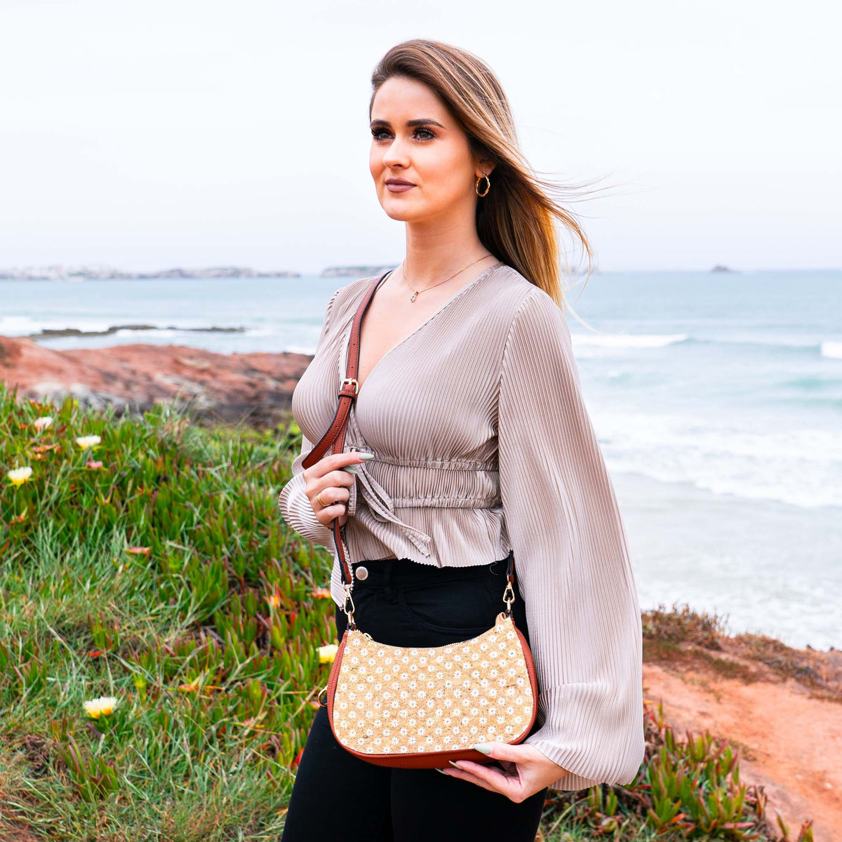 Bohemian Chic Printed Cork & Brown PU Leather Crossbody Bag BAG-2336-FGHI