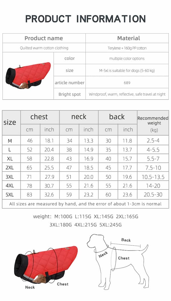 Waterproof Winter Dog Jacket with Reflective Strips – Padded Warm Dog Coat with D-Ring Harness Clip (Sizes M–5XL, Small to Large Dogs)