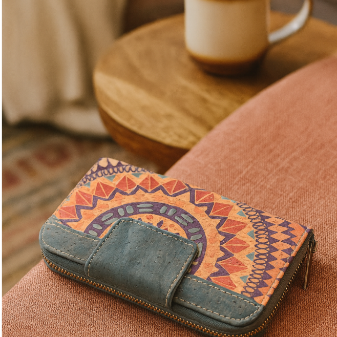 Turquoise Color cork bifold Ladies Pattern Cork Wallet BAG-2089