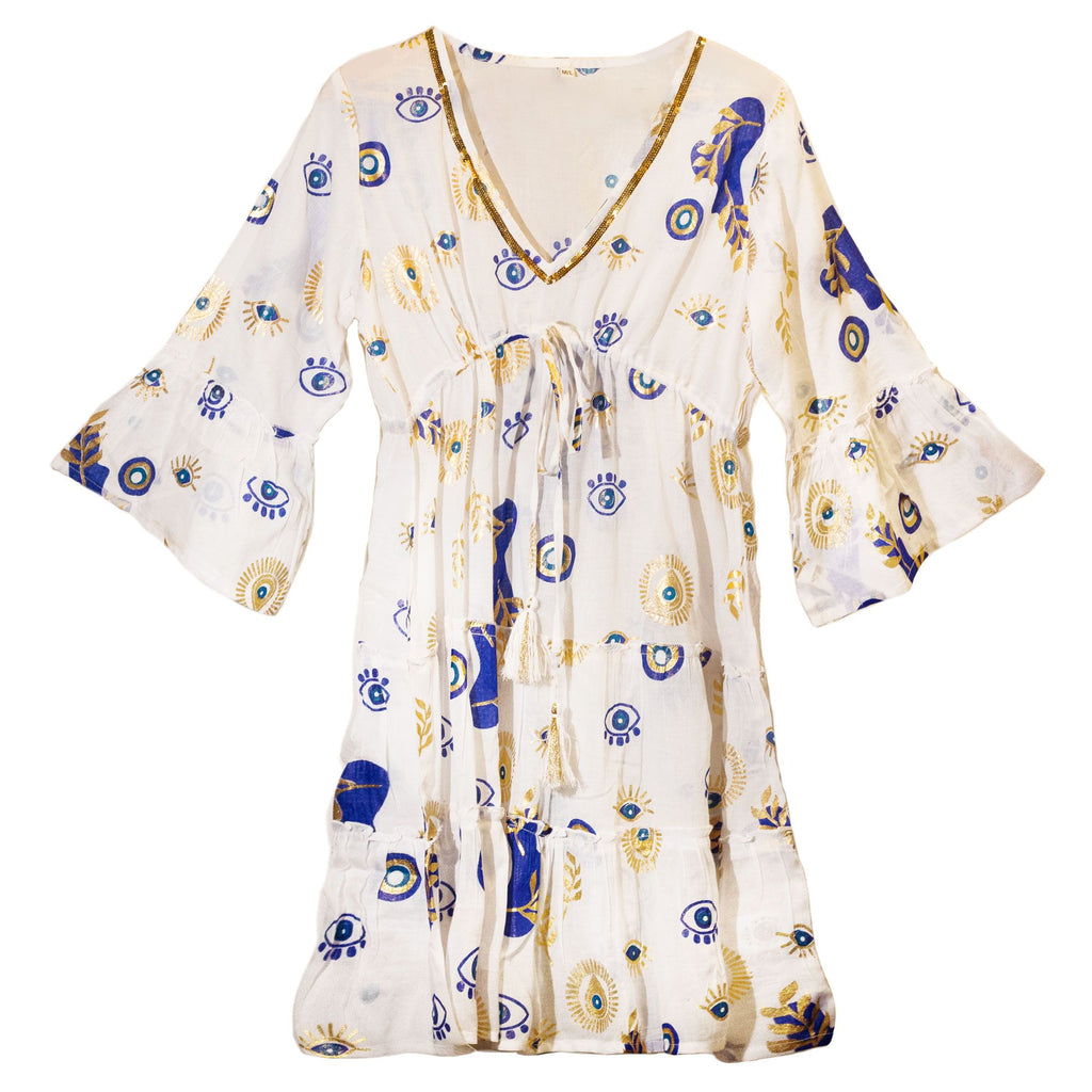 Nomad Sari Kleid Ojo Maligno – Weiß, Blau und Gold – Größe M/L