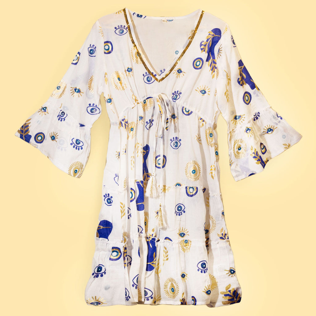 Nomad Sari Kleid Ojo Maligno – Weiß, Blau und Gold – Größe M/L