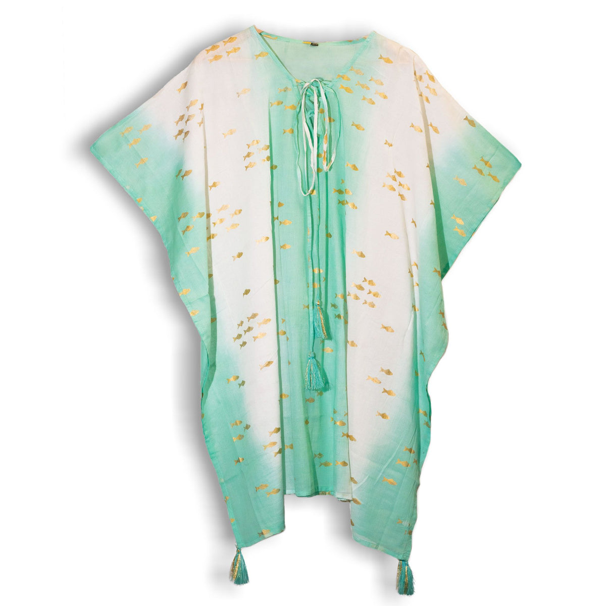 Coleção Nomad - Sari Mediterrâneo - Caftan com estampado de peixes em branco, turquesa e dourado