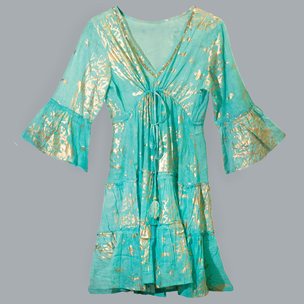Vestido Nomad Sari estampado mediterrânico em tons de turquesa e coral dourado (M/L)