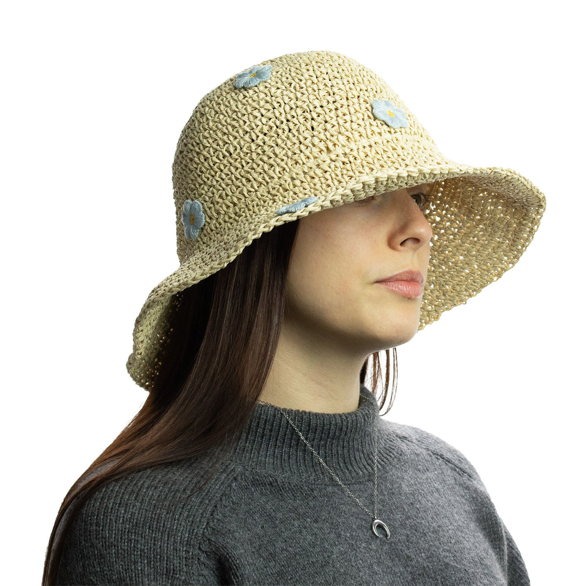 Nomad Sari Sombrero de Paja de Ala Suave para el Sol - Flores Beige y Azules