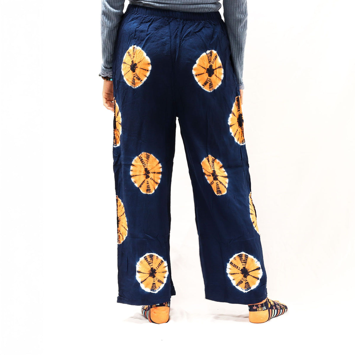 Pantalones de estilo japonés para estar en casa - azul y naranja - M