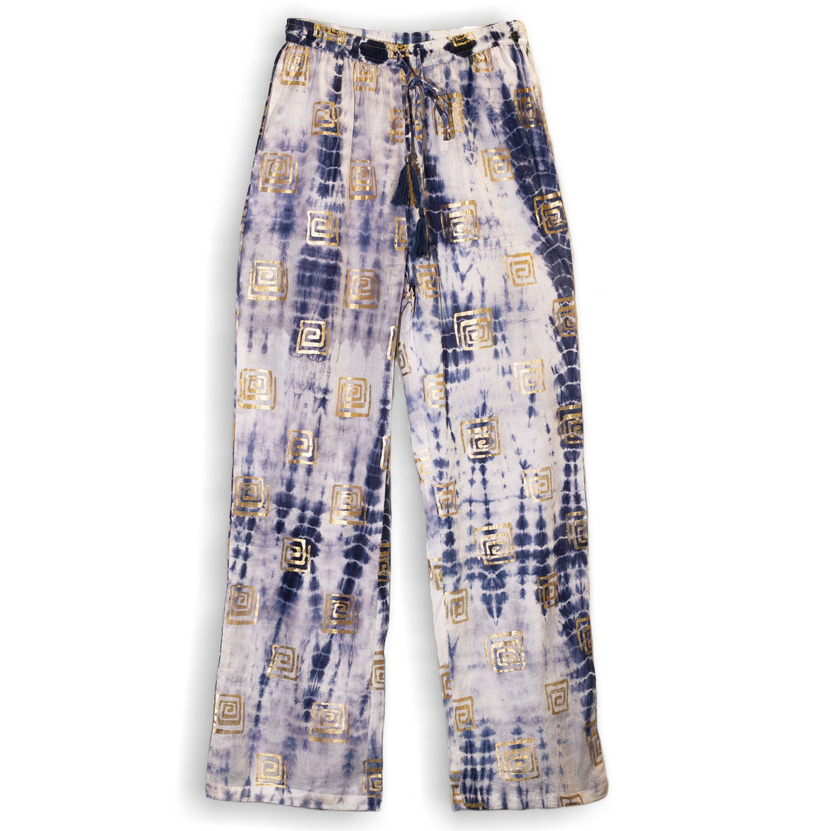 Coleção Nómada do Sari Mediterrâneo - Calças - Estampado Grego em Dourado e Azul