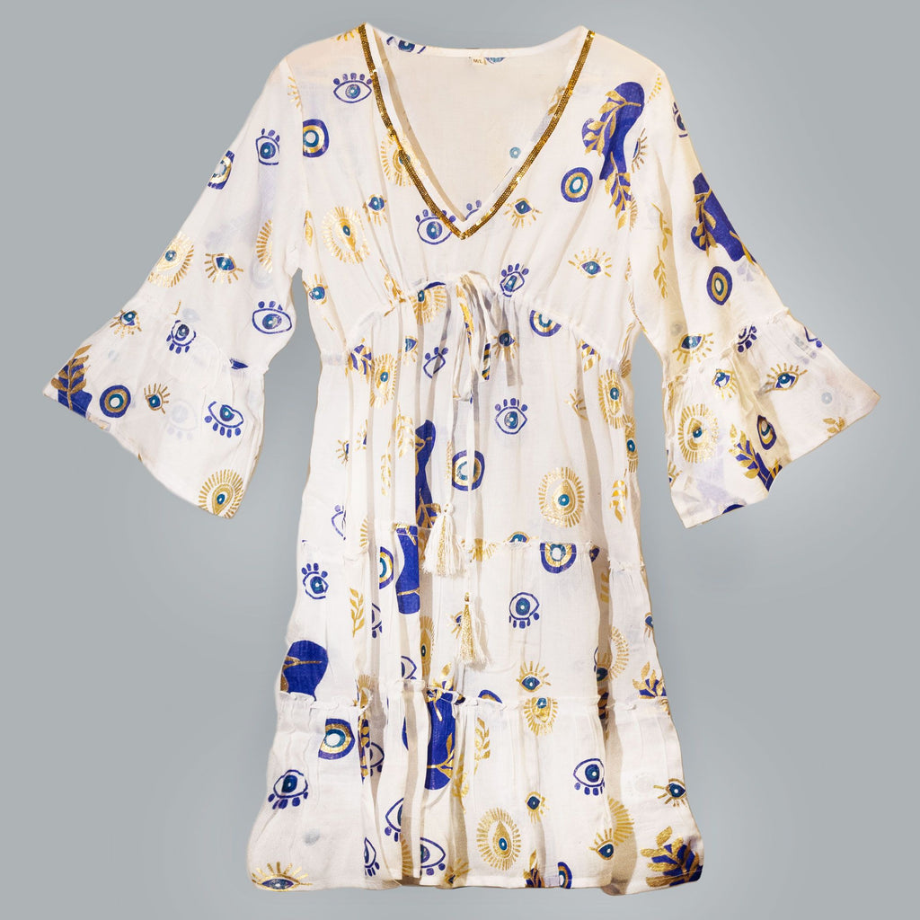 Nomad Sari Kleid Ojo Maligno – Weiß, Blau und Gold – Größe M/L