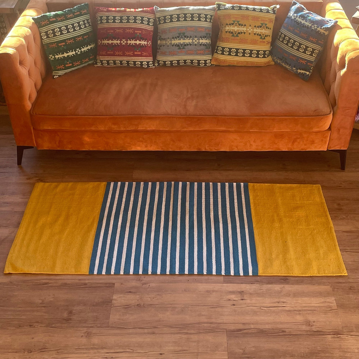 Tapete em algodão indiano - 70x170cm - Amarelo/Azul