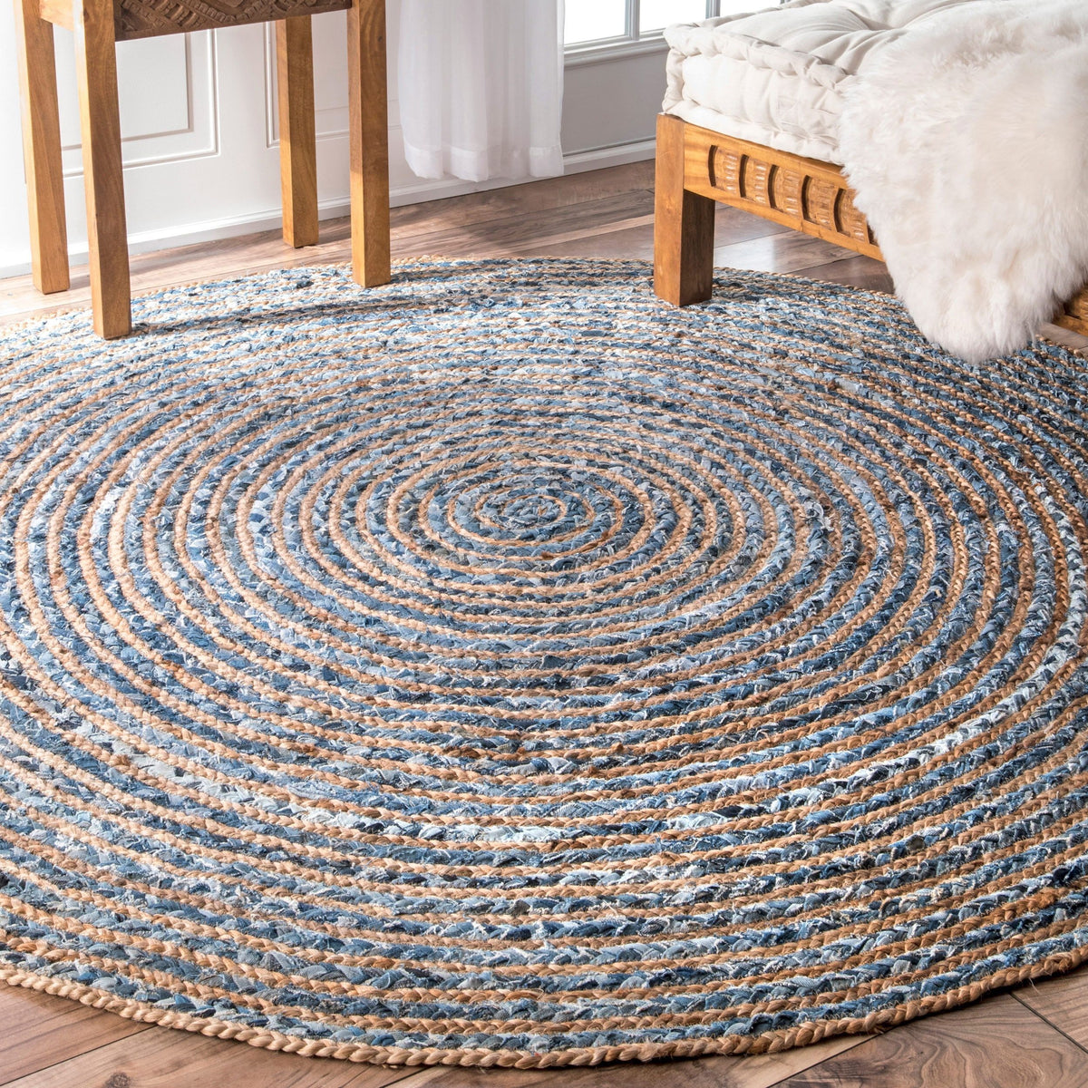Alfombra Redonda de Yute y Reciclaje de Mezclilla - 120 cm