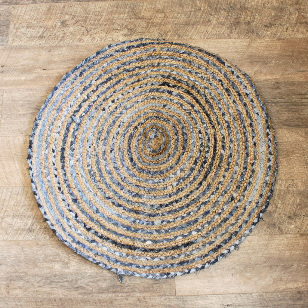 Alfombra redonda de yute y tela vaquera reciclada - 90 cm
