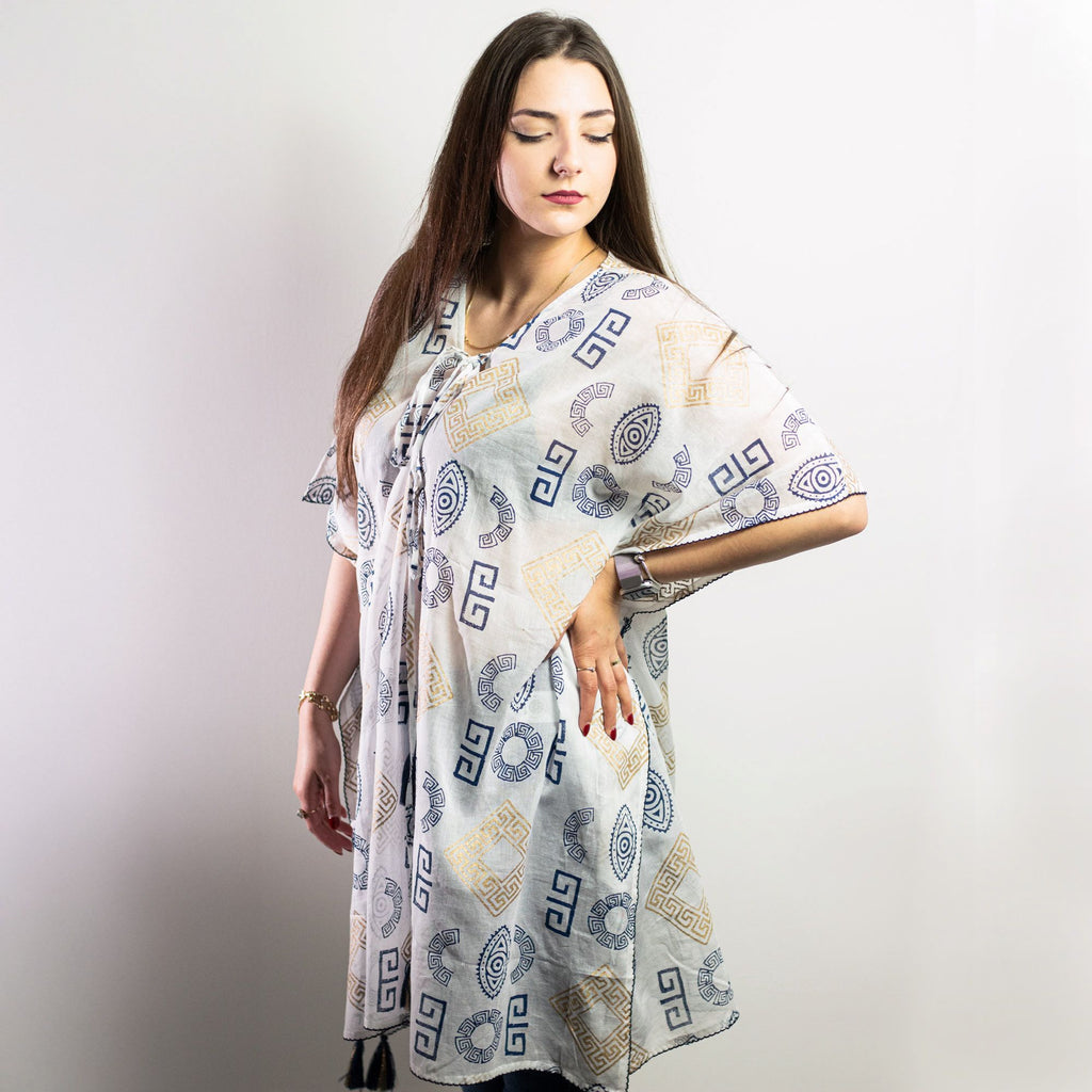 Colección Nómada Sari Mediterráneo - Kaftán - Motivo Griego en Oro y Azul - Pintado a Mano