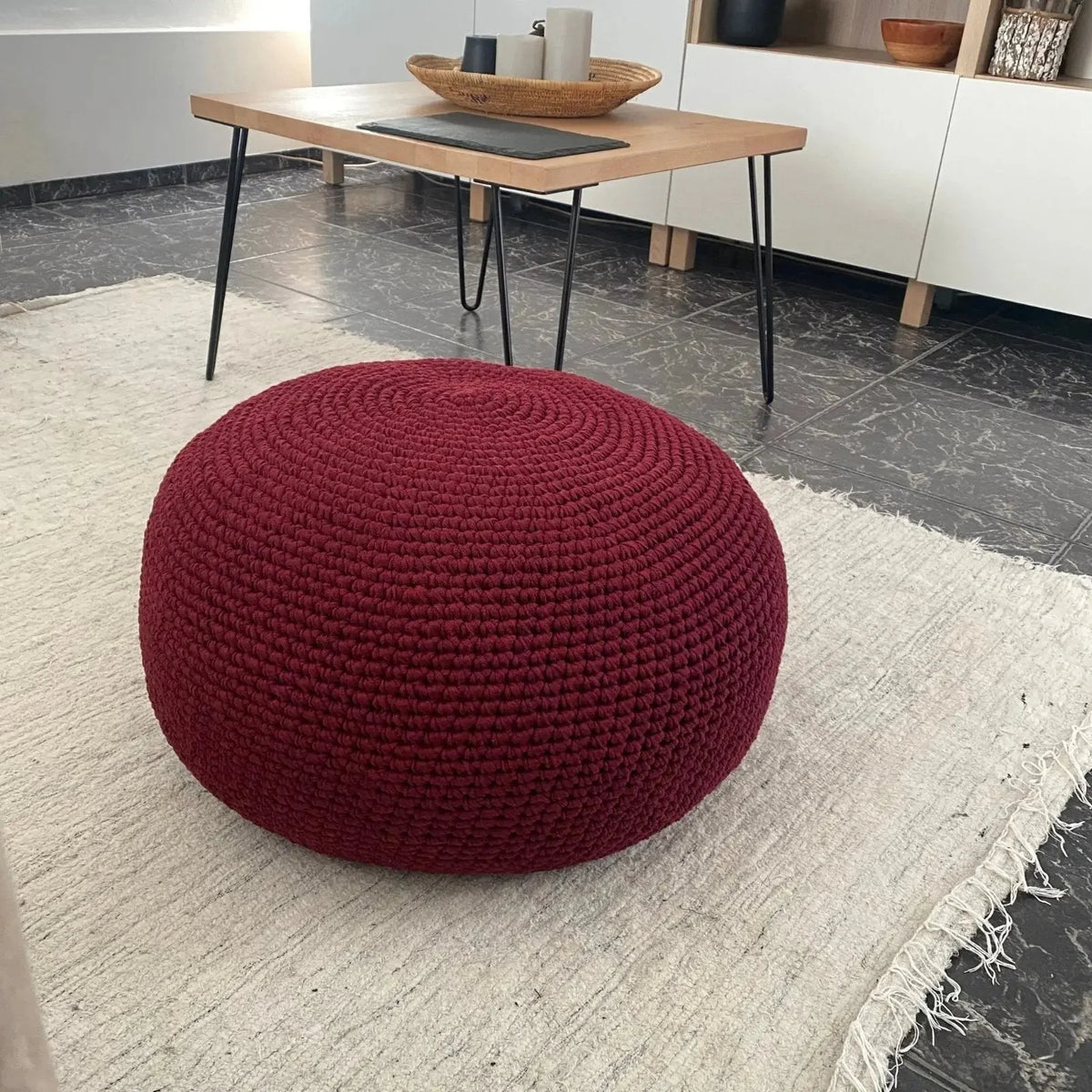 Crochet Ottoman Slipcovers, Burgundy Round Pouf Cover