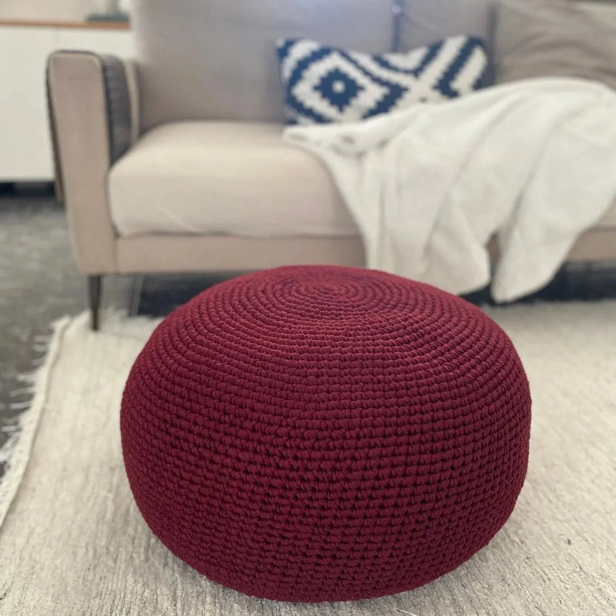 Crochet Ottoman Slipcovers, Burgundy Round Pouf Cover