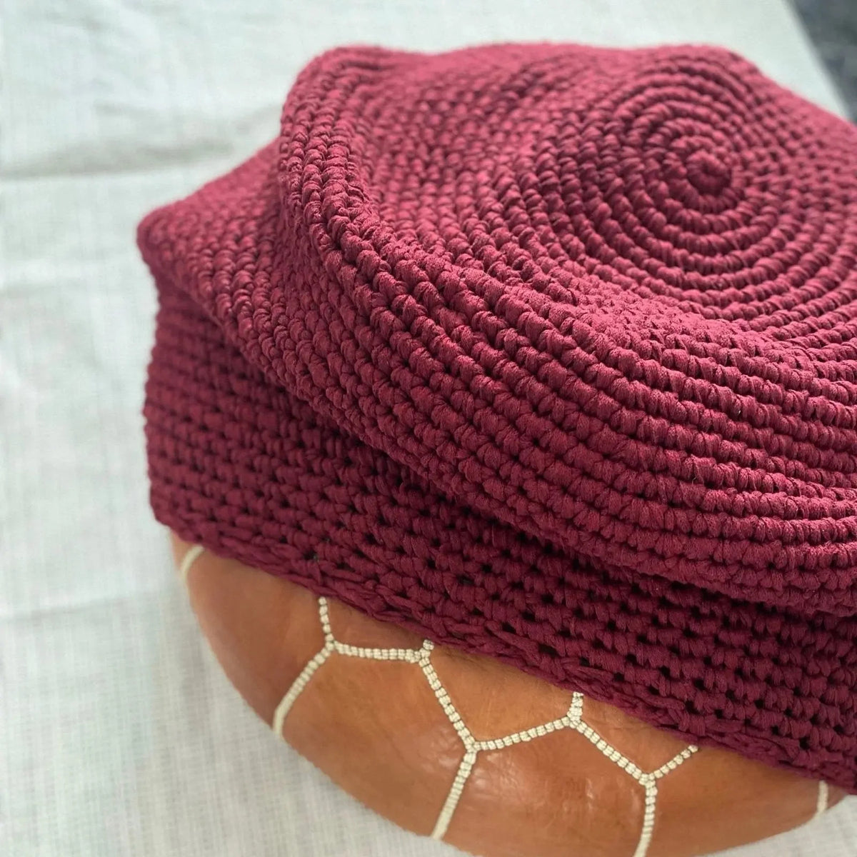 Crochet Ottoman Slipcovers, Burgundy Round Pouf Cover