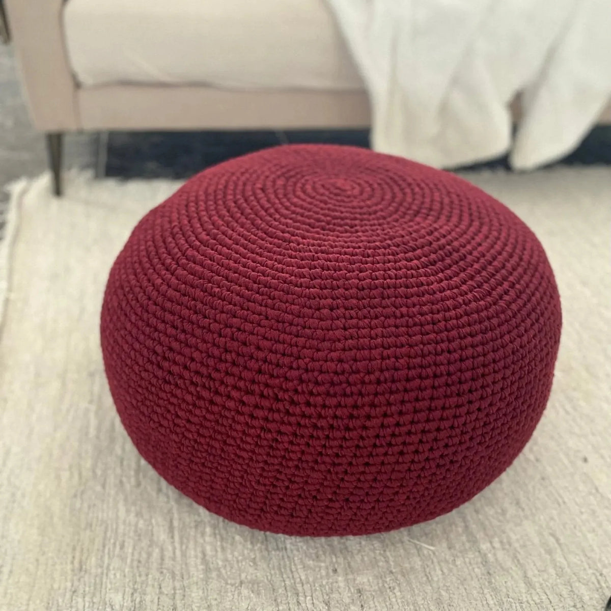 Crochet Ottoman Slipcovers, Burgundy Round Pouf Cover