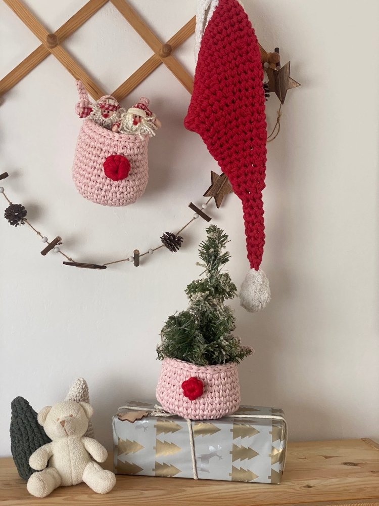 Crochet Rudolph Reindeer Basket | Light Pink
