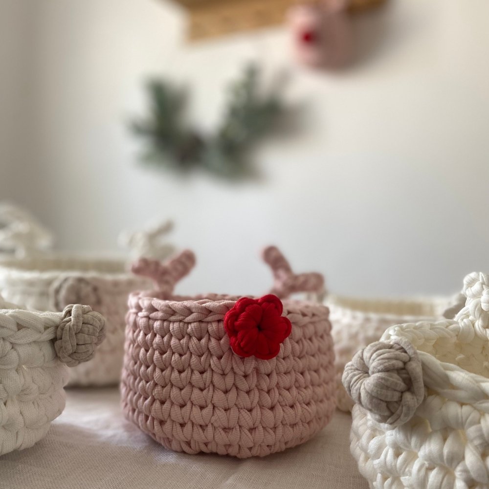Crochet Rudolph Reindeer Basket | Light Pink