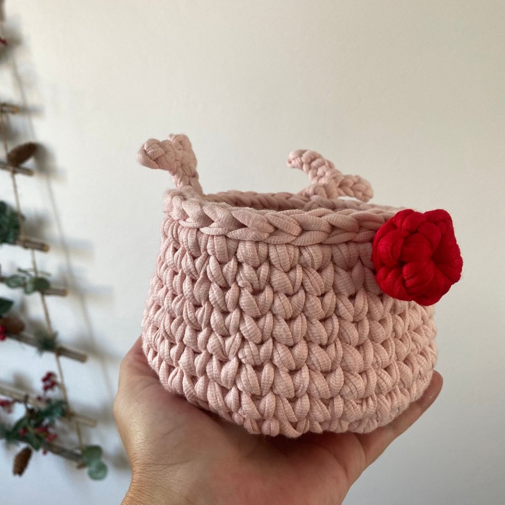Crochet Rudolph Reindeer Basket | Light Pink