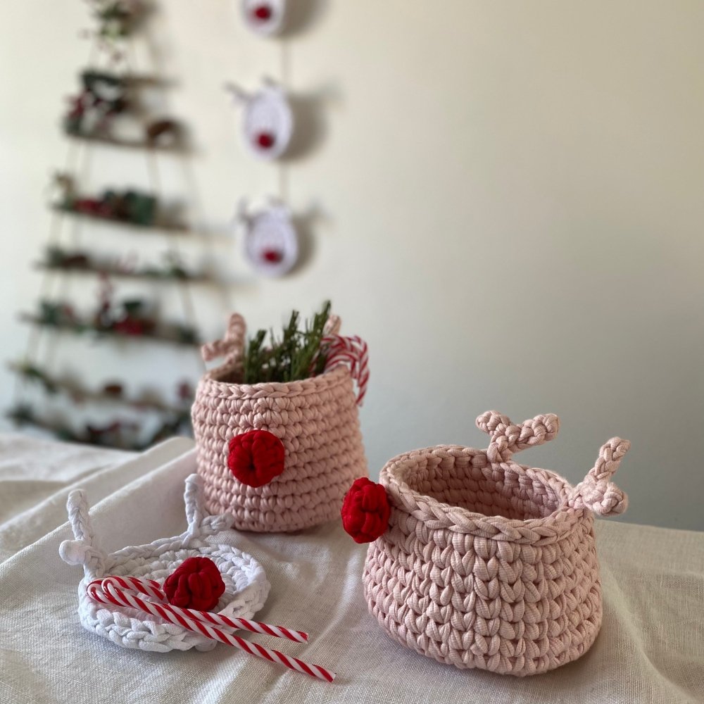 Crochet Rudolph Reindeer Basket | Light Pink
