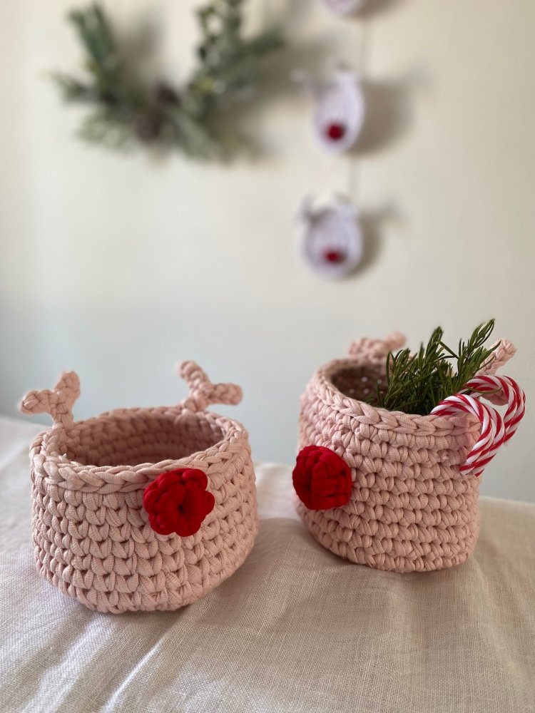 Crochet Rudolph Reindeer Basket | Light Pink