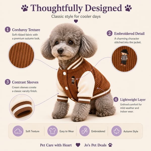 Embroidered Corduroy Varsity Jacket for Small Dogs & Cats – Lightweight Autumn Coat