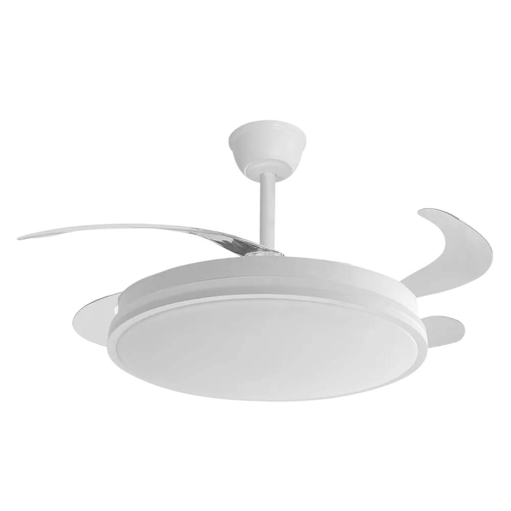 Ventilador DC Guerrero con función verano/invierno 44 W, blanco, 4 aspas, 107D, 4900 lm, 3500–4000–6500 K, mando a distancia y temporizador