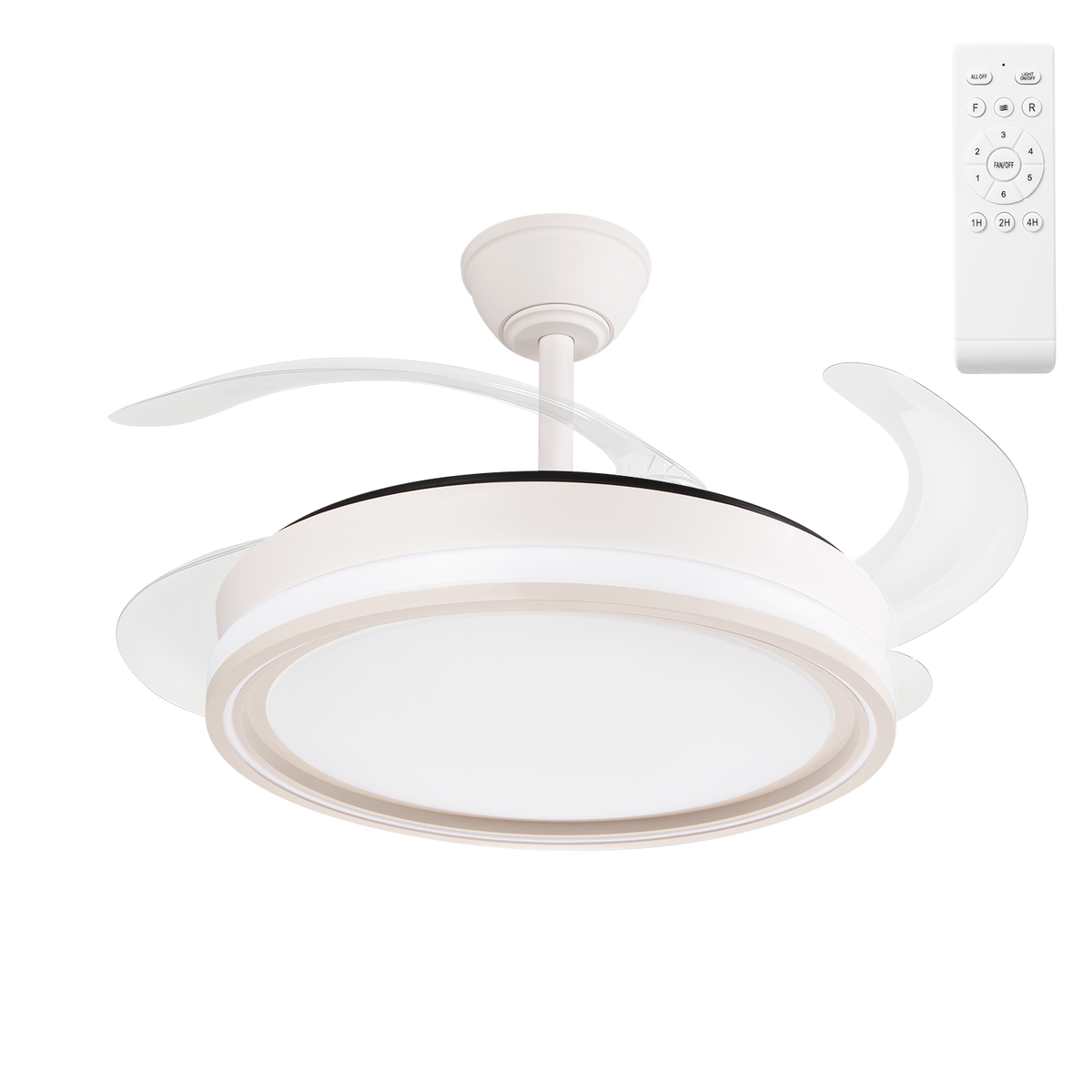 Ventilador DC Bandido, Función Verano-Invierno, 59 W, Blanco, 4 Aspas, 107D, 5900 LM, 3500-4000-6500 K, Mando a Distancia y Temporizador