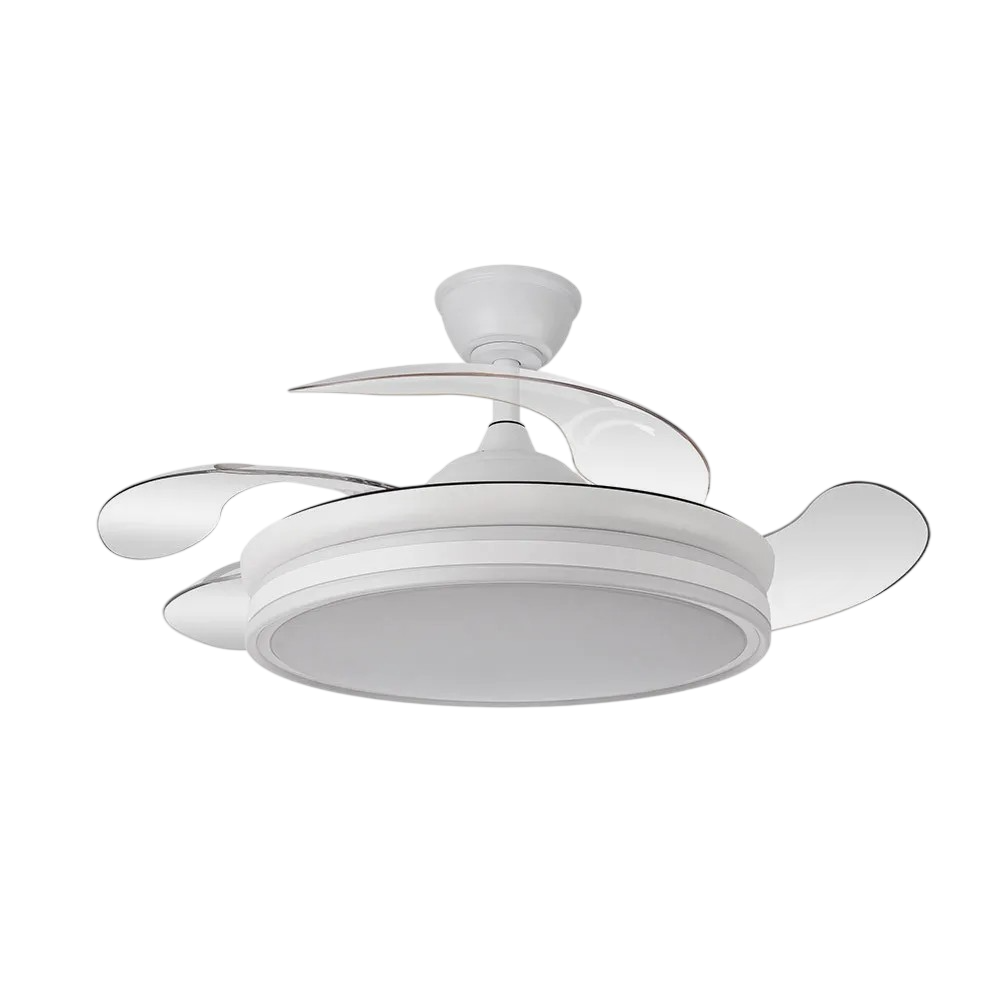 Ventilador Bayomo 59w 6980lm Branco 4 Pás Deslocamento 34,5/42x50/107 D.3 Cor. DC Controle Remoto + Intensidade Ajustável