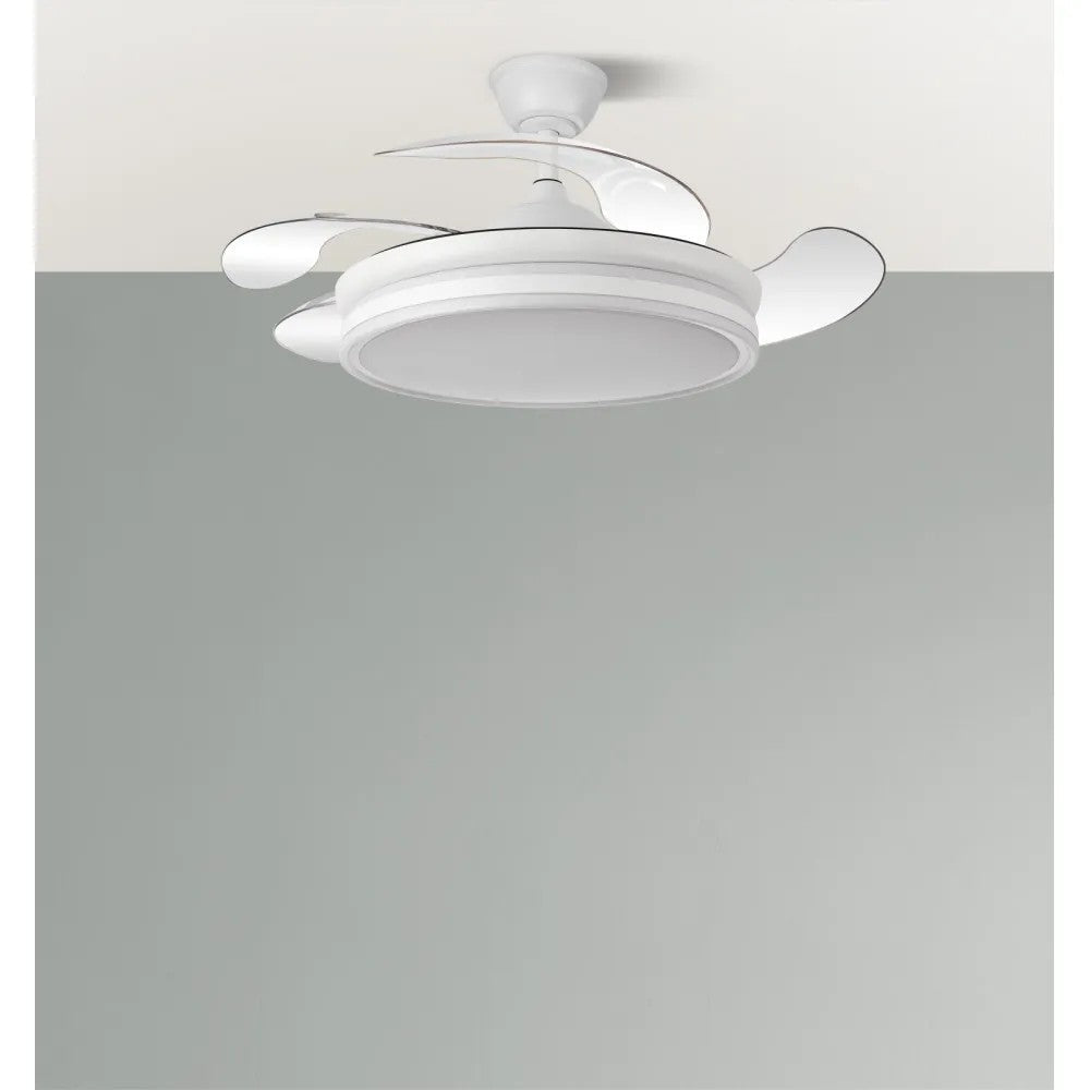 Ventilador Bayomo 59w 6980lm Branco 4 Pás Deslocamento 34,5/42x50/107 D.3 Cor. DC Controle Remoto + Intensidade Ajustável
