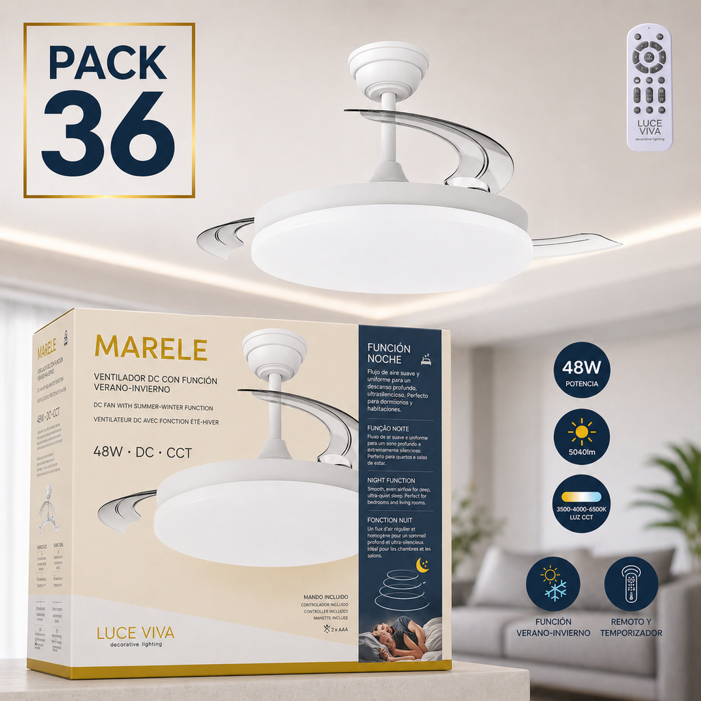 36er-Pack "Marele" DC-Ventilatoren · Sommer-Winter-Funktion · 48W · Weiß · 3 Flügel · 5040 lm · 3500-4000-6500K · Fernbedienung und Timer