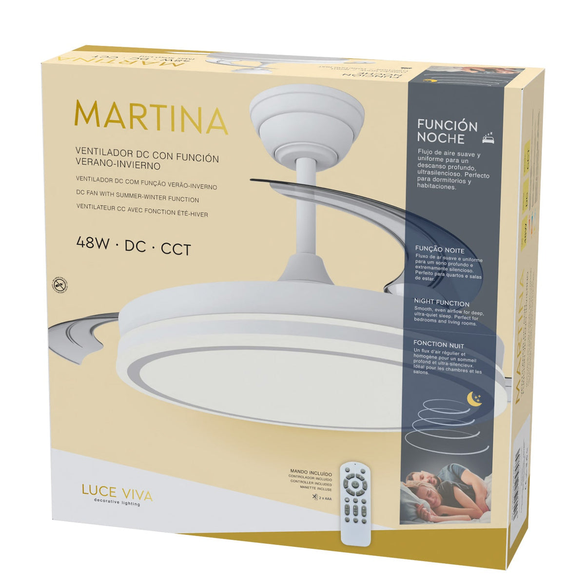 Ventilador DC "Martina", función verano/invierno, 48W, blanco, 3 aspas, 5040lm, 3500-4000-6500K, mando y temporizador