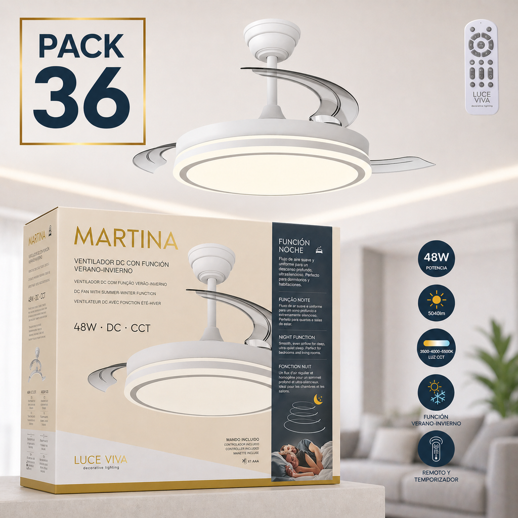 36er-Pack DC-Ventilatoren "Martina" · Sommer-Winter-Funktion · 48W · Weiß · 3 Flügel · 5040 lm · 3500-4000-6500K · Fernbedienung und Timer