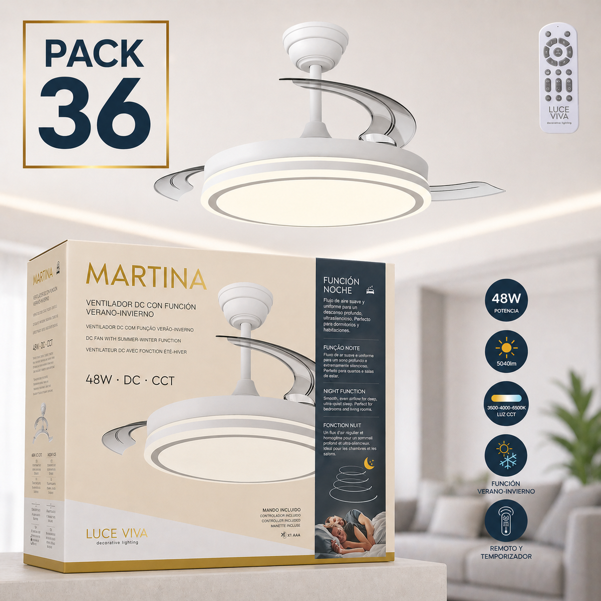 36er-Pack DC-Ventilatoren "Martina" · Sommer-Winter-Funktion · 48W · Weiß · 3 Flügel · 5040 lm · 3500-4000-6500K · Fernbedienung und Timer