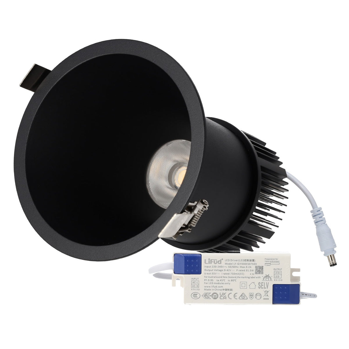 Luminária de encastrar LED 15W 90lm/W CRI>95 2700K Driver Lifud 50.000H Branco Quente Preto