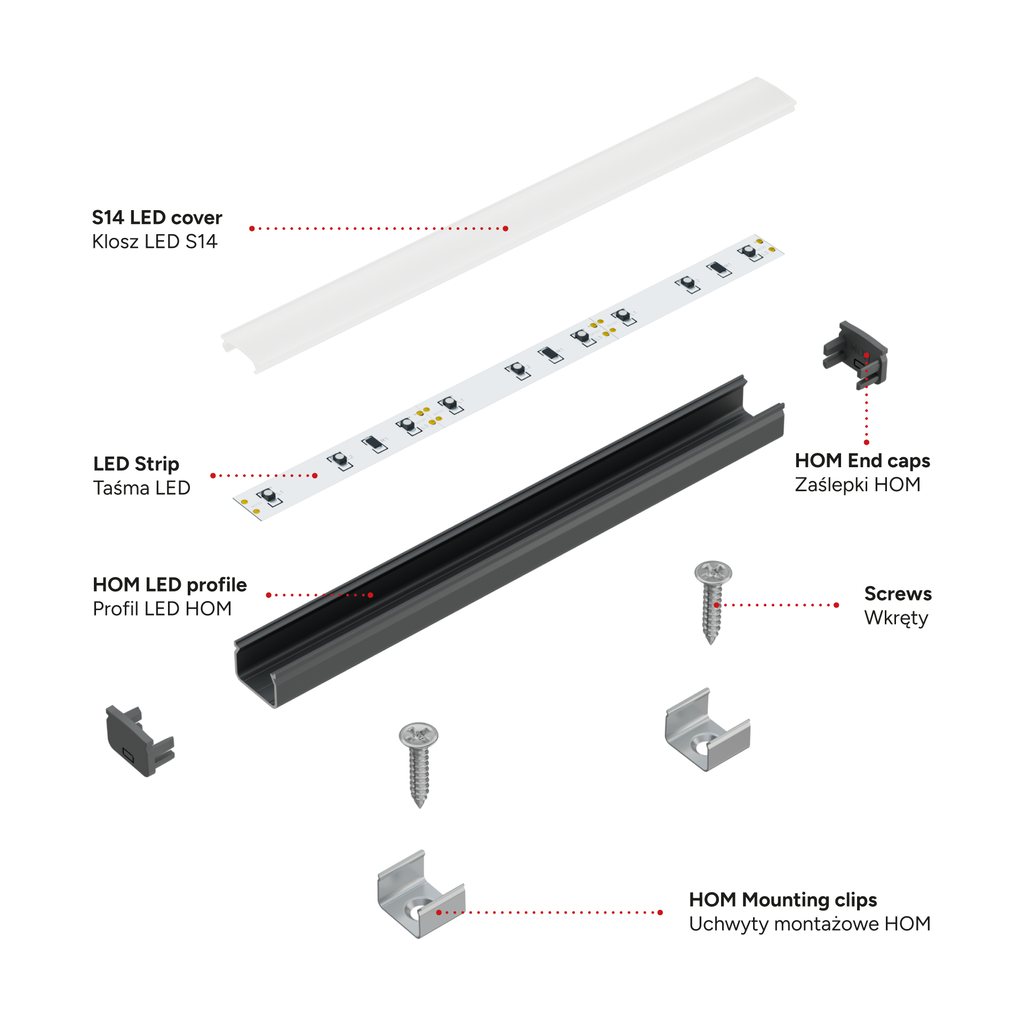KIMERA-"HOM" Schwarz eloxiertes Aluminiumprofil mit opalem Diffusor, Endkappen und Montageclips 2,02 m