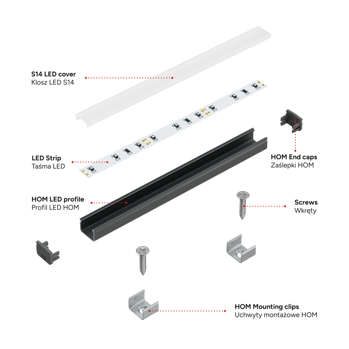 KIMERA-"HOM" Schwarz eloxiertes Aluminiumprofil mit opalem Diffusor, Endkappen und Montageclips 2,02 m