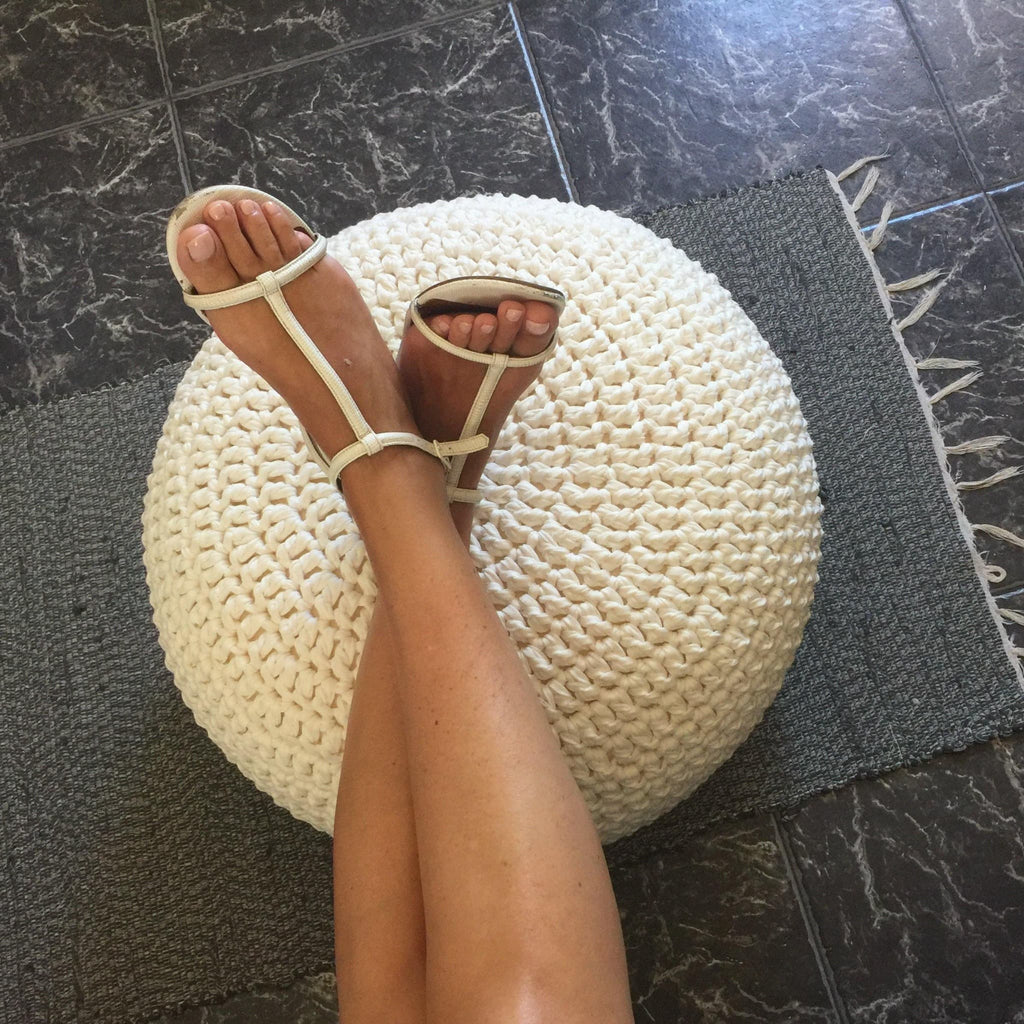 Crochet Pouf Ottoman - Pearl White