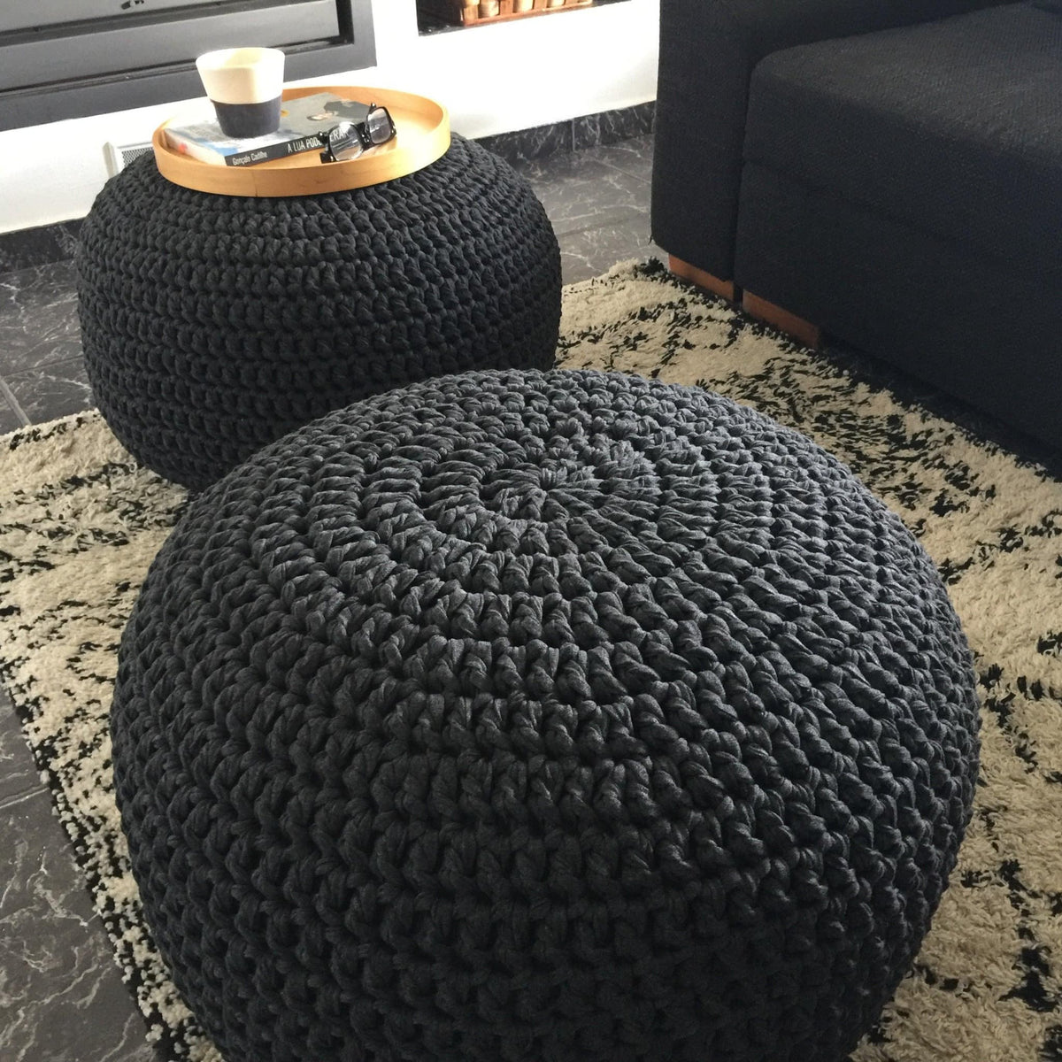 Crochet Pouf Ottoman - Pearl White