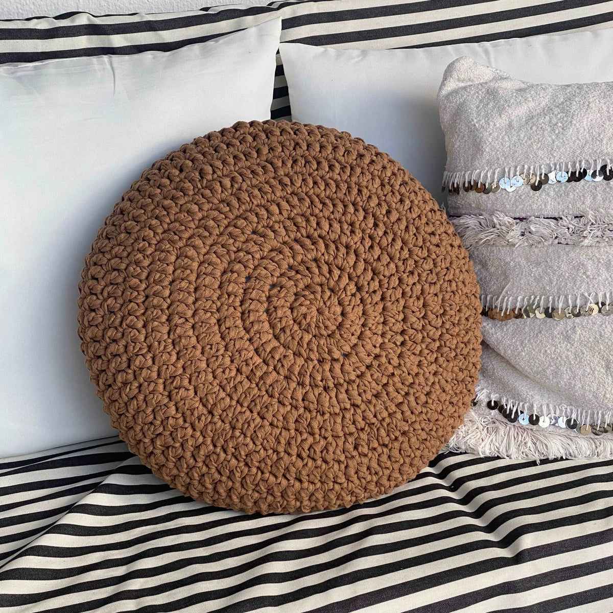 Round Crochet Pillow Cover | Camel Brown