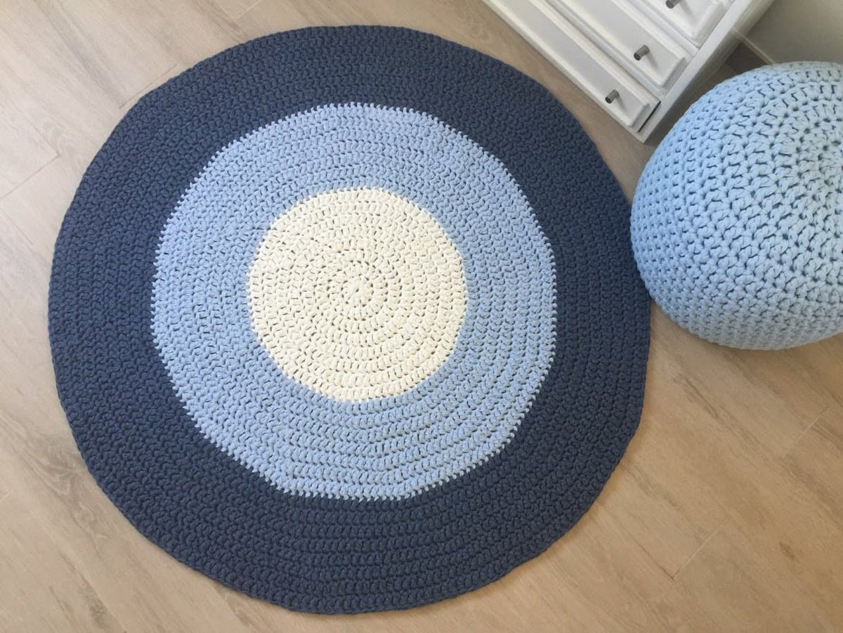 Round Crochet Rug | Blue Striped Playmat