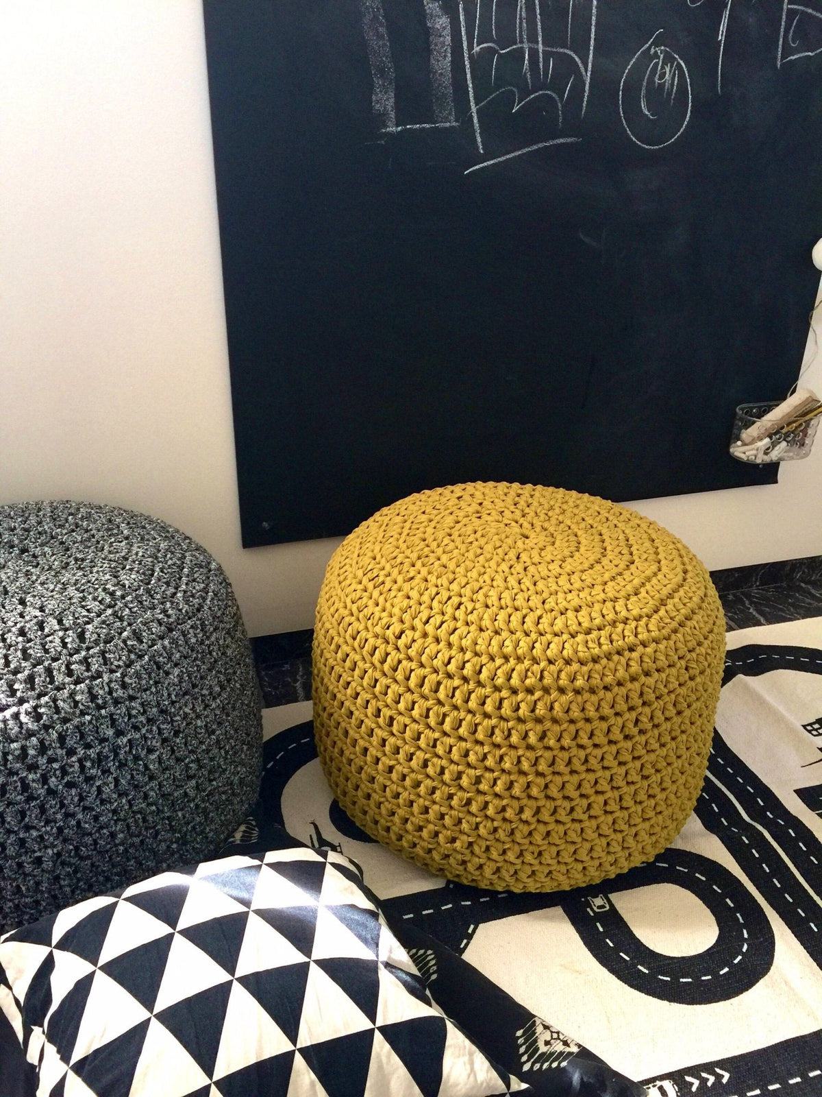 Round Knitted Pouffe Ottoman - Chartreuse
