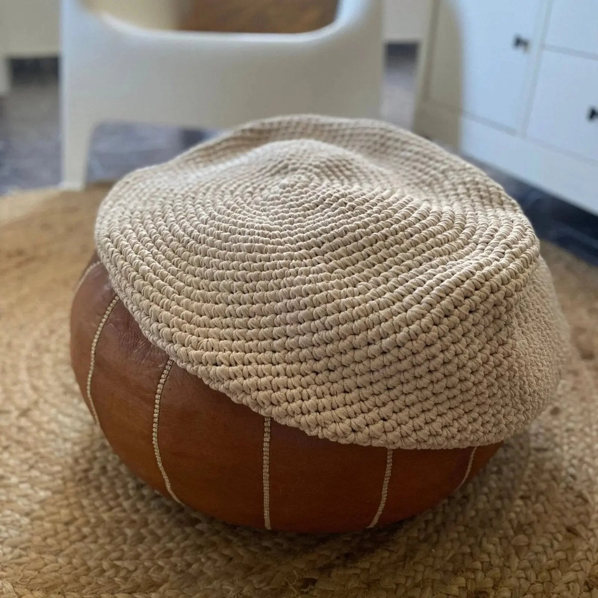 Round Ottoman Slipcovers, Beige Crochet Pouf Covers