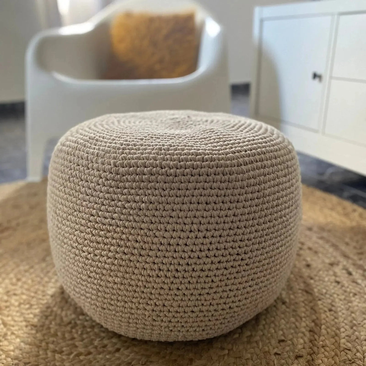 Round Ottoman Slipcovers, Beige Crochet Pouf Covers