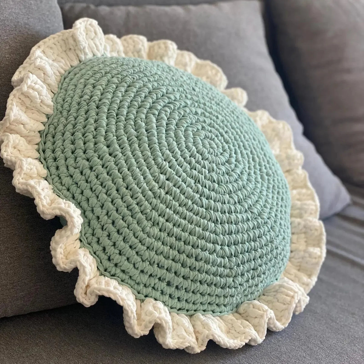 Round Ruffled Crochet Pillow - Lavender