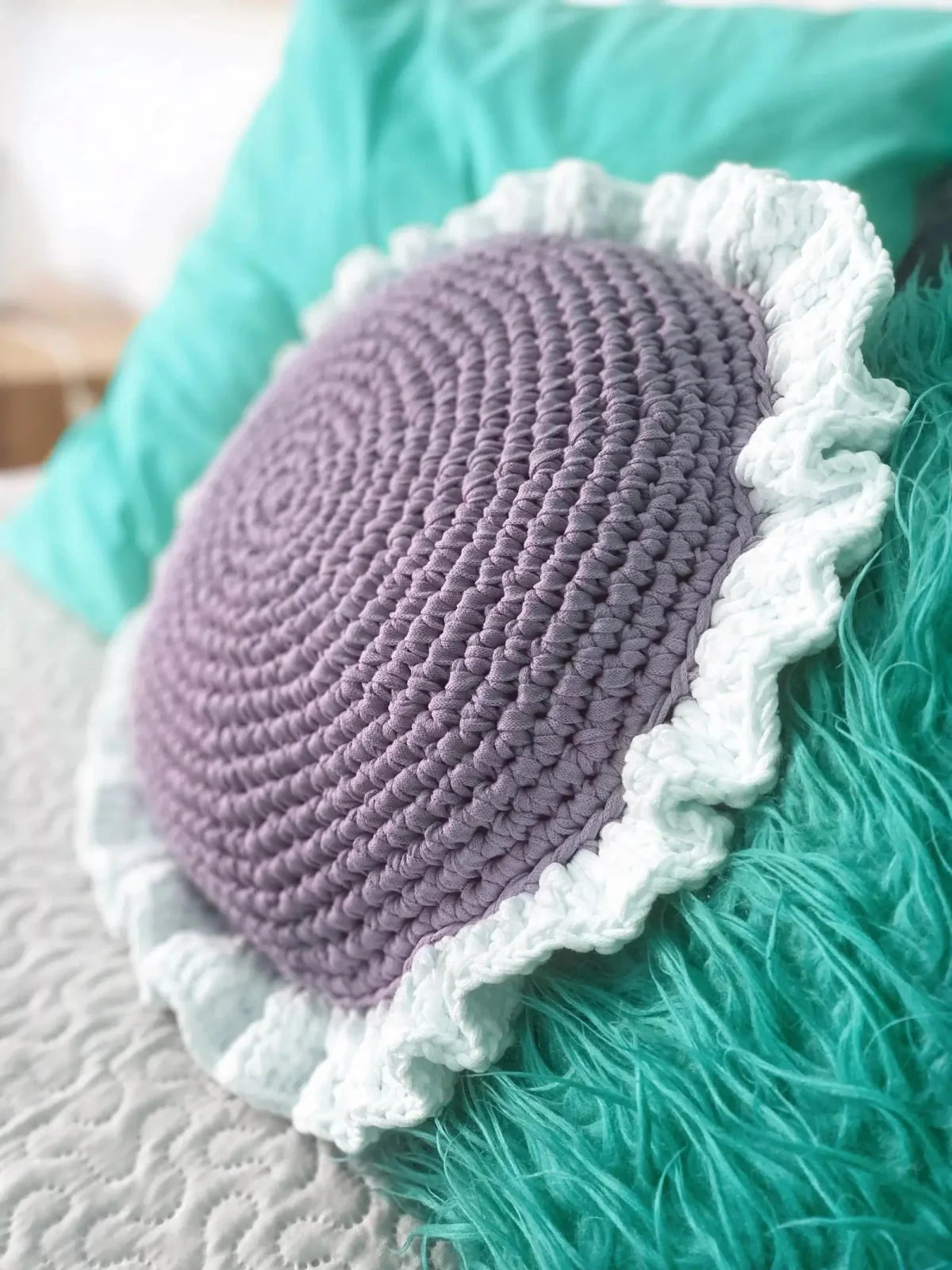 Round Ruffled Crochet Pillow - Lavender