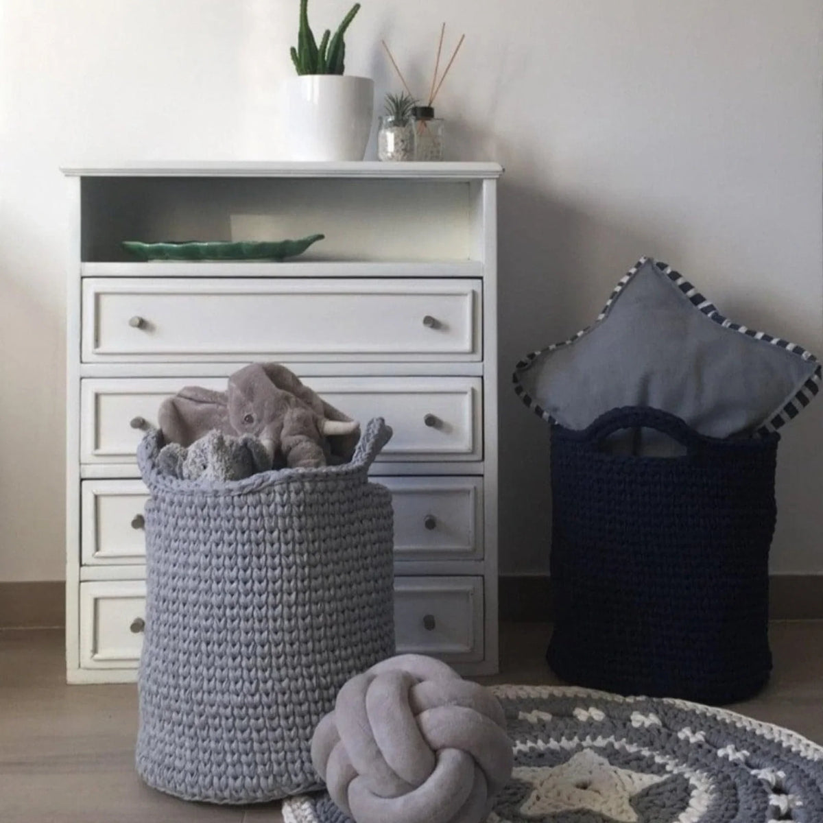 Crochet Round Storage Baskets | Stone Gray