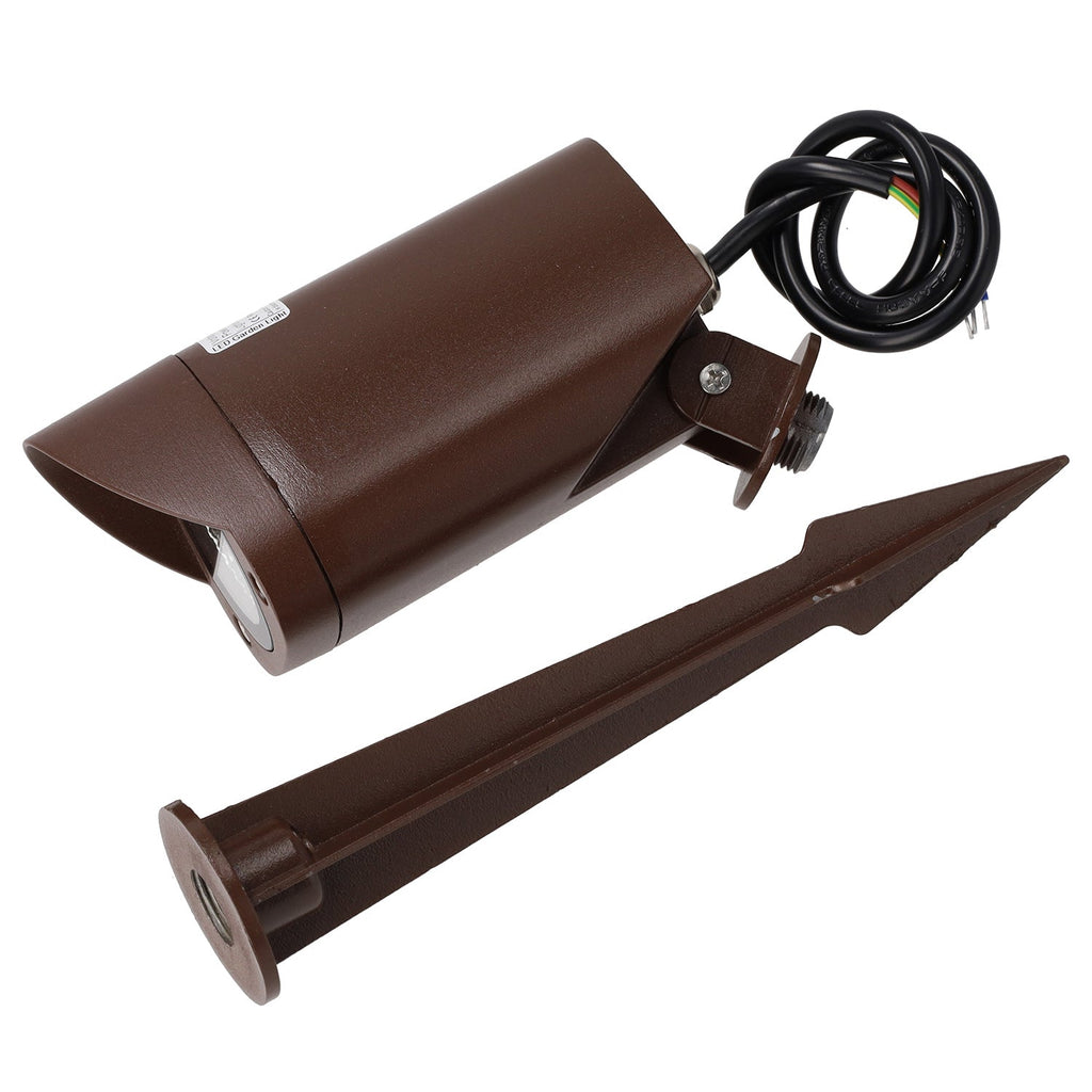 Refletor LED com estaca para jardim, 7W, IP65, 2700K, acabamento marrom.