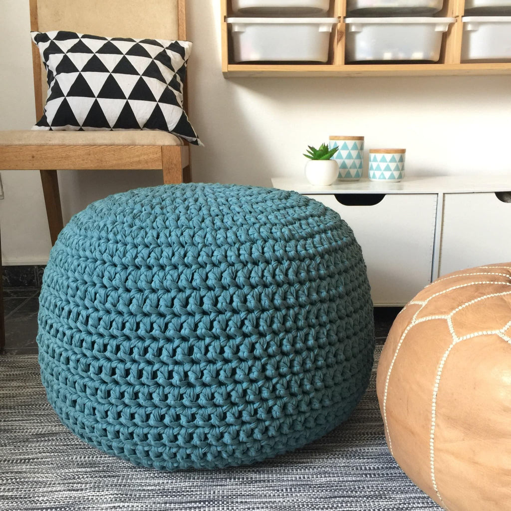 Teal Blue Round Pouffe Ottoman - Chunky Knitted