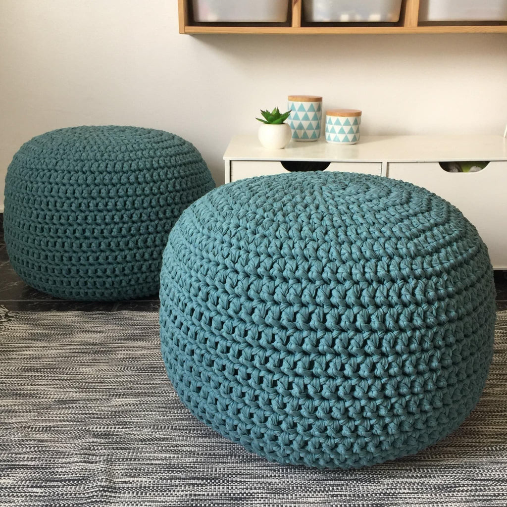 Teal Blue Round Pouffe Ottoman - Chunky Knitted