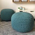 Teal Blue Round Pouffe Ottoman - Chunky Knitted